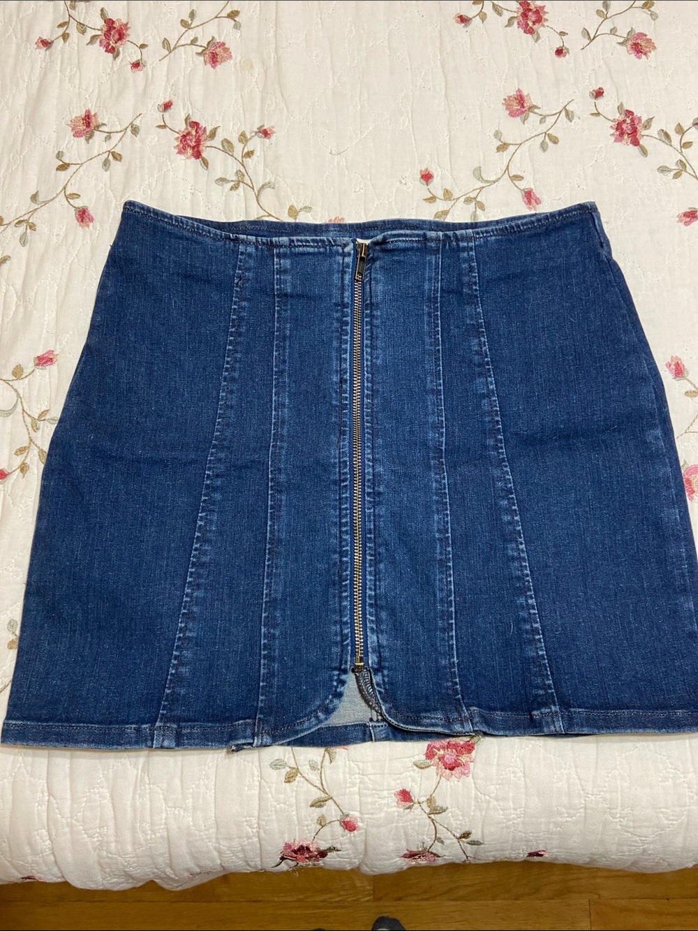 We The Free Dark Blue Denim Front-Zip Mini Skirt